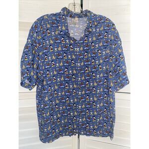 Disney Store Hawaiian Button Up Shirt All Over Print Mickey Goofy Donald Sz Med
